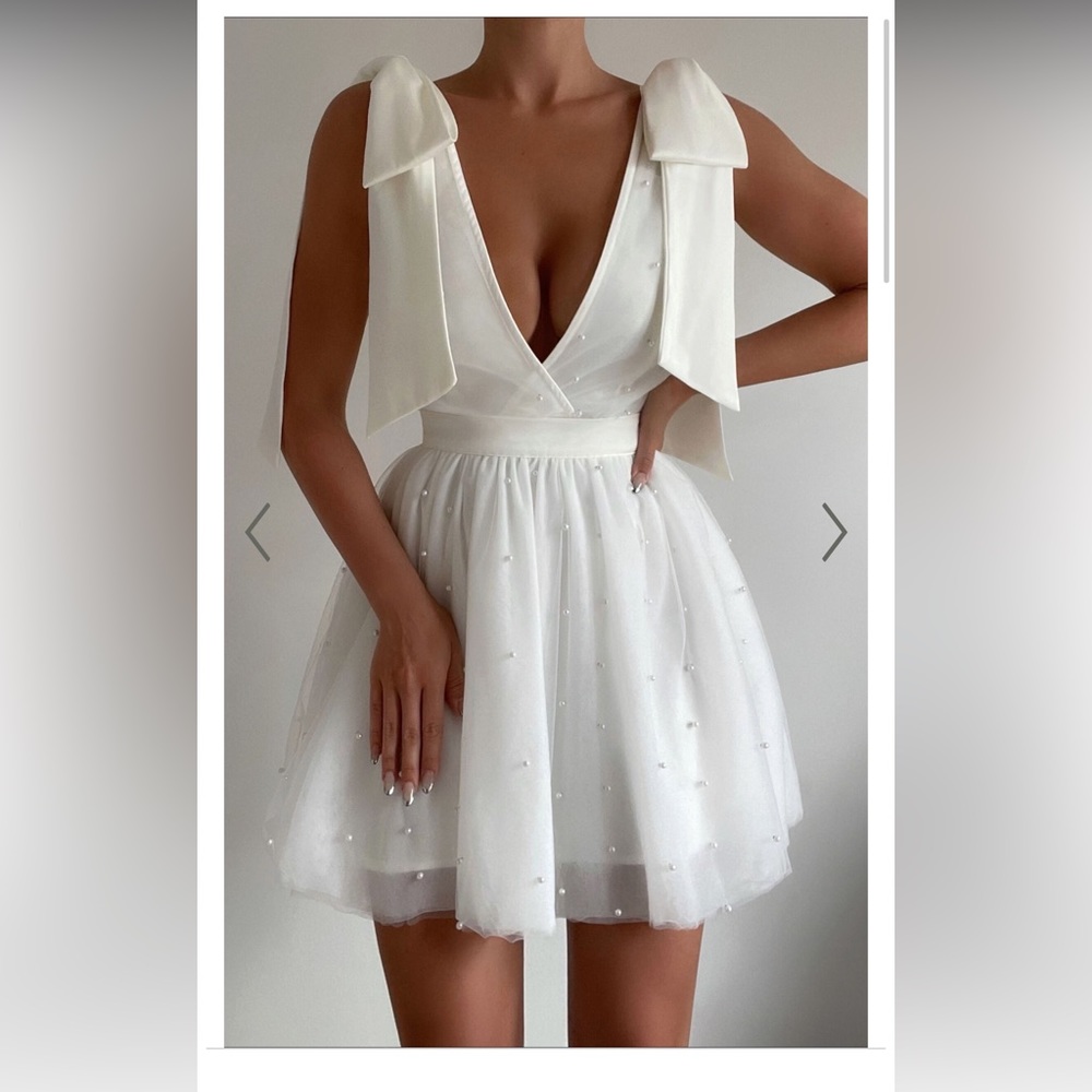 SHOWPO- NEW- Karalyn Mini Dress - Bow Strap Plunge Pearl Detail Dress in White